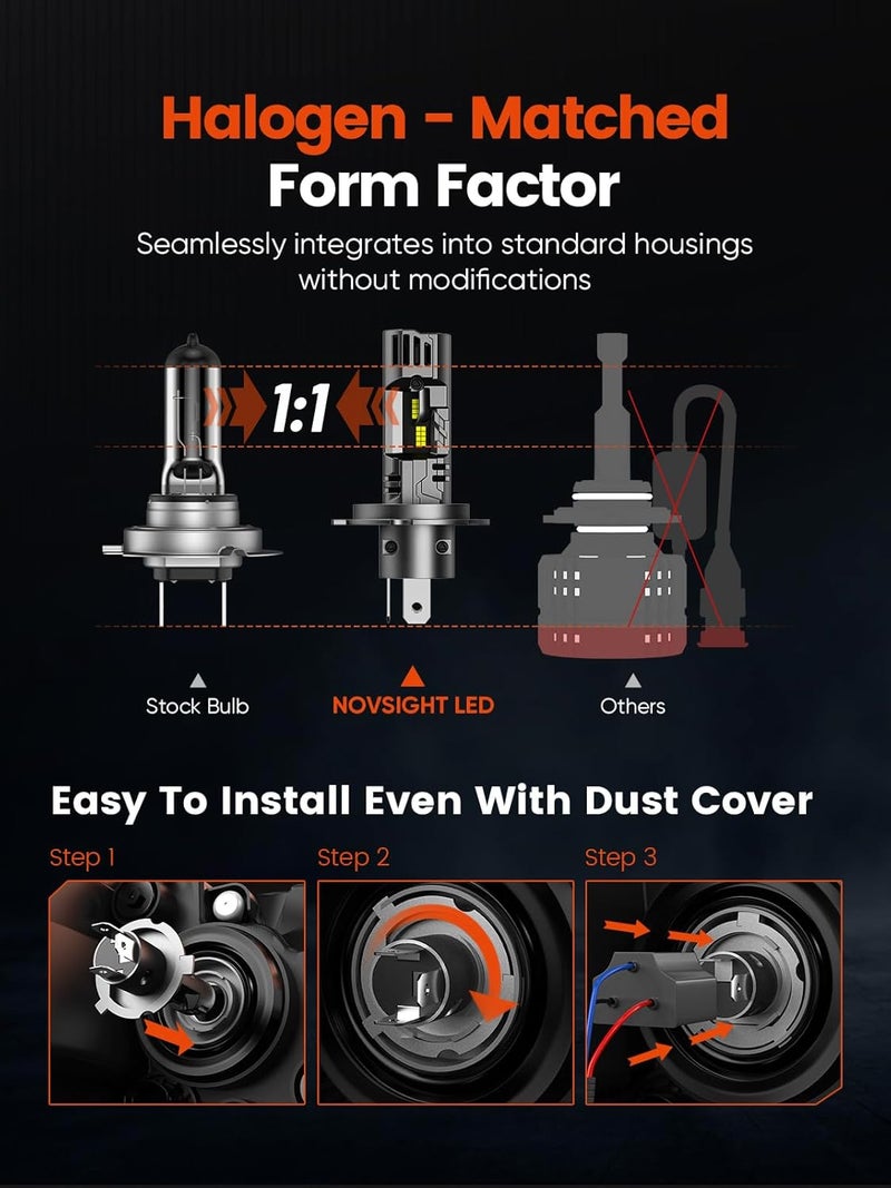 NOVSIGHT مصابيح ضباب LED H4 - 62,000 لومن 6500K أبيض بارد، 200 واط ساطع للغاية، حجم هالوجين صغير، تركيب سريع خلال 5 دقائق، مقاومة للماء IP68، عبوة من 2 - Image 5
